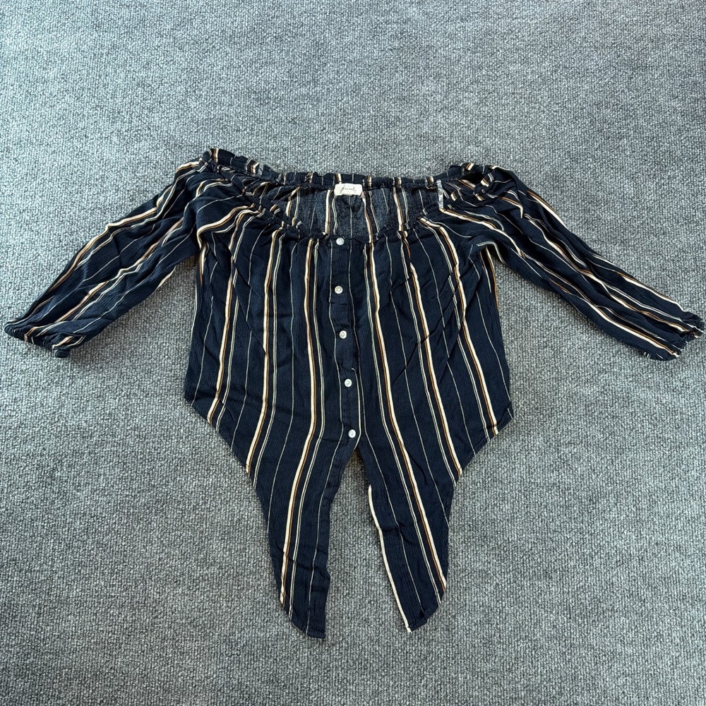 Becool Navy Striped Off The Shoulder Tie Front Button Down Rayon Top Sml Summer
